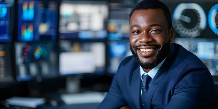 Smiling Black male cybersecurity analyst with security monitors in background. Concept Professional Headshot, Cybersecurity Expertise, Technology Background
