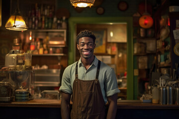 Fototapeta premium Young man standing in front of the counter in his shop. 