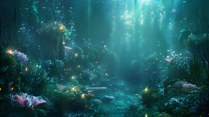 Explore a vibrant underwater landscape filled with glowing marine plants and mythical sea creatures in this enchanting stock image. generated by Ai