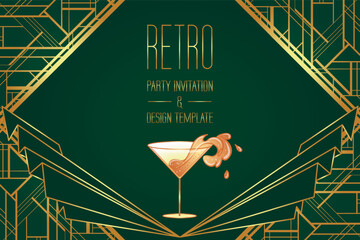 Art Deco vintage gold patterns over dark green, frames and design elements. Retro party geometric background set 1920s style. Vector illustration for glamour party, thematic wedding or textile prints.