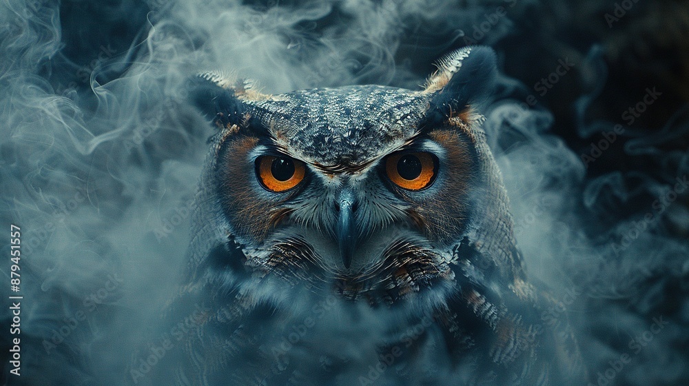 Wall mural   An owl's face with smoke emanating from its eyes