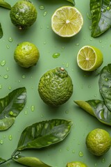 Bergamot and lime fruits and leaves scattered around, top view, product photography, green color palette, minimalism, water drops on the fruit surface, magazine cover. Green background. Generative AI