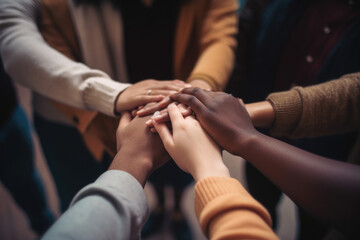 Close up of diverse people putting hands in stack. 