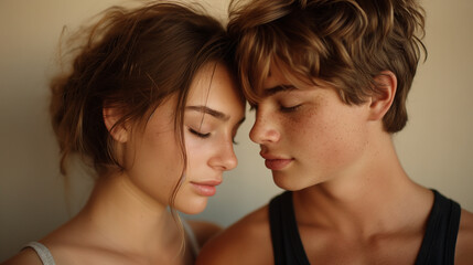 Fototapeta premium A telephoto angle photo of a young couple gently touching foreheads, their eyes closed in a peaceful connection against a plain background, with copy space