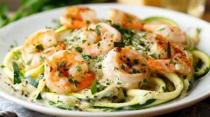 Keto Lunch of zucchini noodles with a rich Alfredo sauce and grilled shrimp