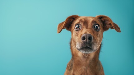 dog with surprised shock expression eyes on isolated blue background with copy space
