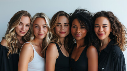 Fototapeta premium Women of different appearances stand together on a bright minimalist background. 