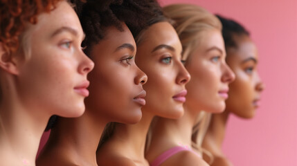Fototapeta premium Diverse women of all body types together on a bright minimalist background. 