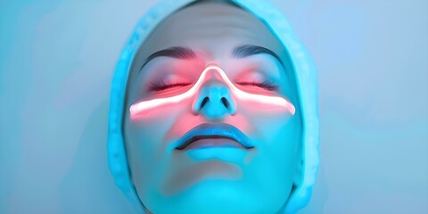Woman relaxes with eyes closed wearing LED face mask enjoying the experience. Concept Relaxation, LED face mask, Wellness technology, Self-care, At-home spa