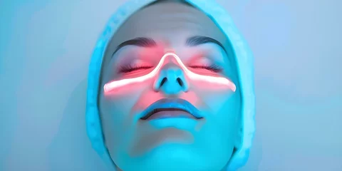 Woman relaxes with eyes closed wearing LED face mask enjoying the experience. Concept Relaxation, LED face mask, Wellness technology, Self-care, At-home spa © Anastasiia