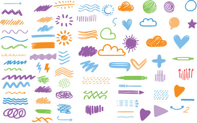 Scribble doodle underline emphasis line shape set. Hand drawn brush stroke elements.