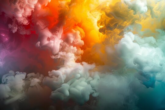From the middle of the bluish-pink smoke, white clouds erupt, fly up and mix with the total mass.. Beautiful simple AI generated image in 4K, unique.