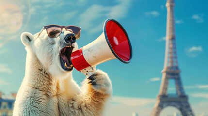 Fototapeta premium cute polar bear holding a megaphone. screaming, 