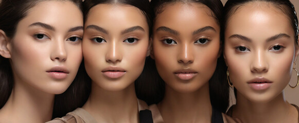 Fototapeta premium Portrait of young natural beautiful female models with healthy glowy skin and subtle make up