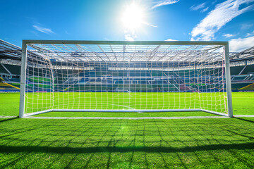 Fototapeta premium Empty football goal in the stadium, perfect for background or text and product promotion