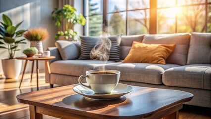 Cozy morning atmosphere in a modern home with a cup of steaming coffee on a sleek coffee table beside a plush sofa.