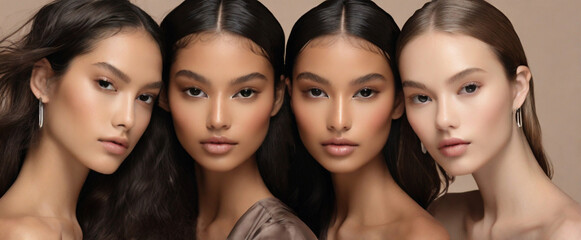 Obraz premium Portrait of young natural beautiful female models with healthy glowy skin and subtle make up