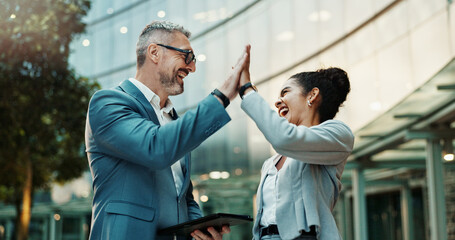 Man, woman or high five by office building for business with partnership, yes for b2b deal in city. People, together or hand gesture with teamwork or success for digital contract, support for goal