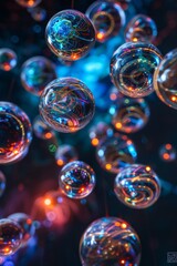 Naklejka premium Spheres floating in a dark void, each containing swirling, colorful patterns of digital code and abstract textures. 