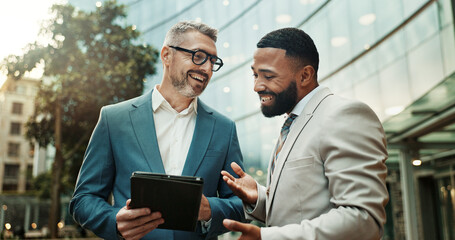 Business, men and outdoor with tablet for strategy with planning, teamwork and collaboration....