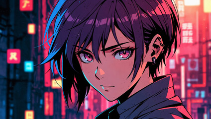 Futuristic 3D render anime cyberpunk characters cartoon video game magenta neon city lights night