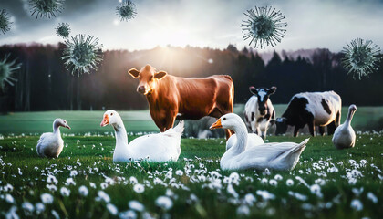 Virus and cow herd. H5N1 bird flu in cattle. Bird flu causes outbreaks in poultry and dairy cows