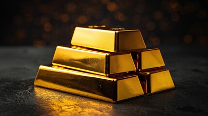 Stack of Shiny Gold Bars on a Dark Background with Warm Bokeh Lights