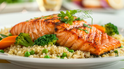 Grilled Salmon with Quinoa and Steamed Vegetables, Healthy Gourmet Meal