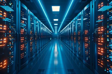 Fototapeta premium Futuristic Data Center with Illuminated Server Racks
