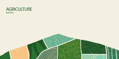 Agriculture farm green banner. Organic abstract field background. Wavy green lines, advertising backdrop, web header. Ecology wallpaper. Striped textured pattern. Panoramic meadow view, abstract hill