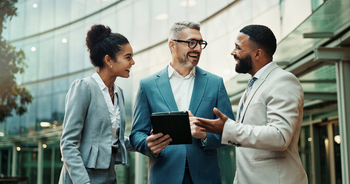 Business, people and happy in outdoor with tablet in city for financial report, update and feedback in New York. Downtown, employees and smile as accountants with teamwork, collaboration and plan