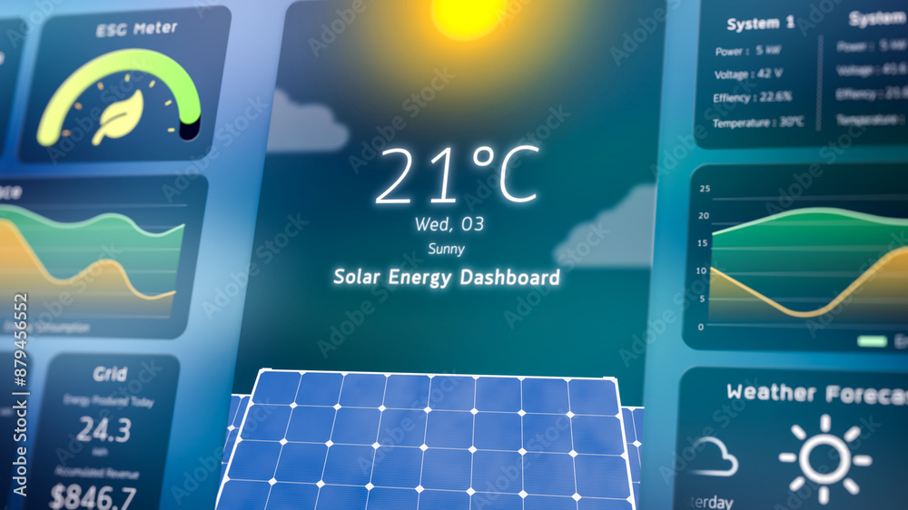 Wall mural solar power monitoring system, digital infographic data of green energy management app dashboard, cl