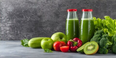 Green juice with fruits and veggies promotes organic lifestyle for health blogs. Concept Health Food, Organic Lifestyle, Green Juice, Fruits and Veggies, Blogging