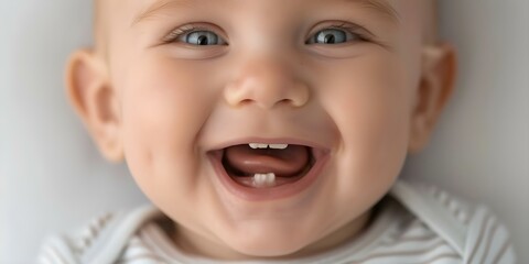 Closeup of smiling baby showcasing first tooth reflecting innocence and joy. Concept Baby photography, First tooth milestone, Closeup portrait, Innocence and joy, Smiling toddler