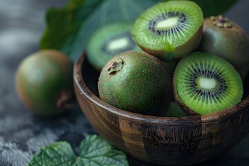 Fresh Kiwi Fruits in a Wooden Bowl with Green Leaves