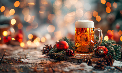 A beer mug with a white head sits on a wooden table with Christmas decorations, a red ornament, and pine branches