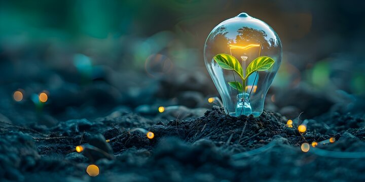 Green plant growing inside light bulb symbolizing renewable energy and environmental protection. Concept Renewable Energy Awareness, Environmental Protection, Green Living, Sustainable Practices
