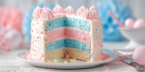 Gender reveal party cake with pink and blue decorations for boy or girl. Concept Gender Reveal Cake, Pink & Blue Decorations, Boy or Girl, Party Dessert, Exciting Announcement