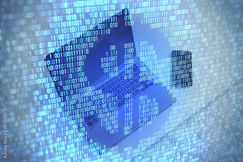 Poster Close up of abstract blue binary coding hologram with dollar outline on blurry workplace background. Digital money and cryptocurrency concept. Double exposure.