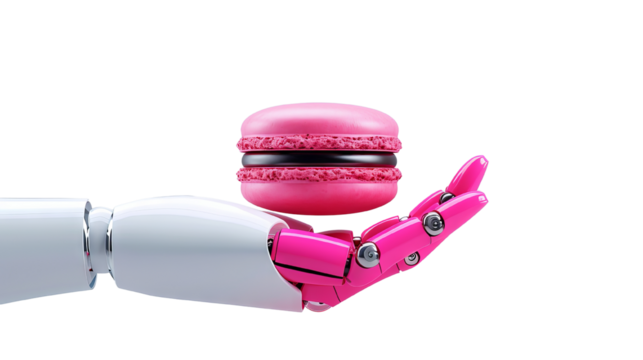 A robotic hand holding a pink macaron, illustrating the intersection of technology and culinary arts against a white background.