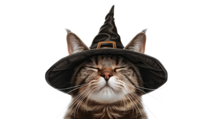 Adorable tabby cat wearing a black witch hat with eyes closed, perfect for Halloween themes.