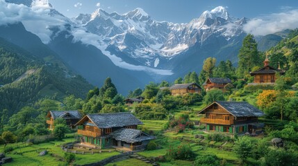 Serene Winter Wonderland: Scenic Mountain Village with Charming Cottages and Snow-Capped Peaks in Background