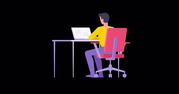 Male developer user business employee working on computer sitting at workplace in home or office flat animation with alpha channel