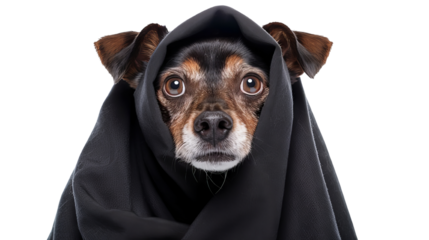 Close-up of adorable dog wrapped in black cloth, looking attentive with big eyes. Perfect for pet and animal photography content.