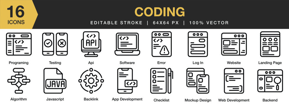Set of 16 Coding icon set. Editable Stroke Icon Collection. Includes algorithm, api, backend, error, javascript, landing page, and More. Outline icons vector collection.