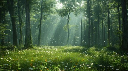 Fototapeta premium Tranquil Forest Clearing with Wildflowers and Sunlight Filtering Through Trees - Rejuvenating Nature Photography