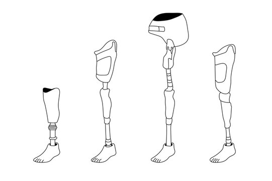 Leg prosthesis line art set , artificial foot for orthopedic rehabilitation, bionic implant, exoskeleton.