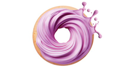 Delicious wooden donut with vibrant purple frosting and a splash effect, isolated on white background. Perfect for bakery or dessert themes.