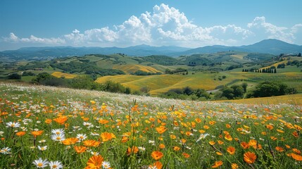 Serene Countryside Landscape with Rolling Hills and Wildflowers under Clear Blue Sky, Captured with Nikon D5600 Camera