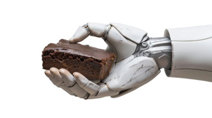 Futuristic technology concept with robot hand holding a chocolate brownie, symbolizing modern advancements in food tech and AI integration.